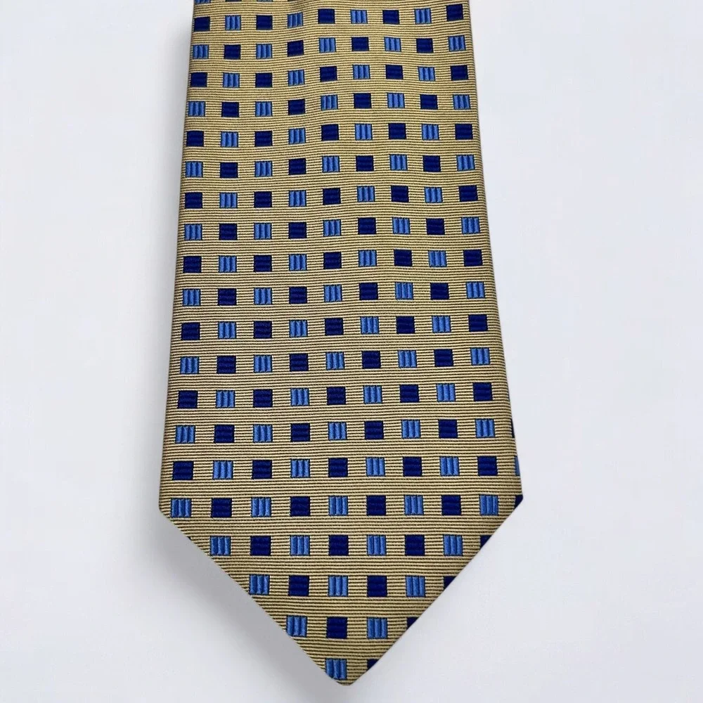 Brooks Brothers Necktie Adult Gold Blue Geometric Silk Woven In England USA Made